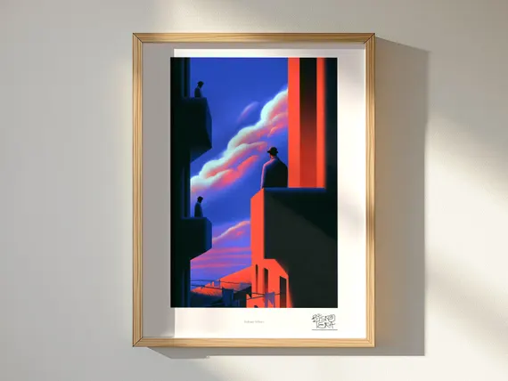 Balcony Echoes framed art print, shown hanging in a styled room