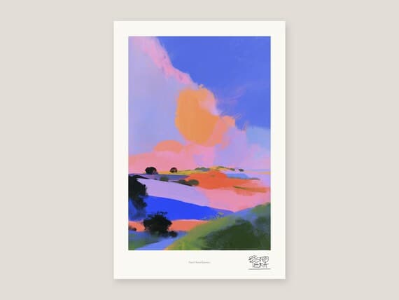 Pastel Abstract Countryside art print, flat full view, giant cloud hilltop road wall art
