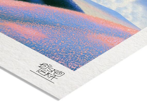 Close-up of the printed signature on the fine-art giclée paper of the Mountain Sun Glow print