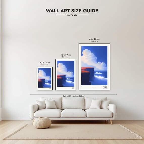 Size guide: 30×45, 40×60 and 60×90 cm to scale above a sofa