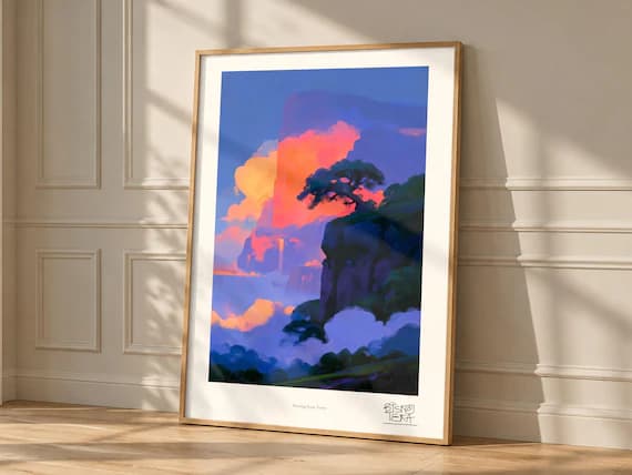 Floating Stone Forest framed art print, shown hanging in a styled room
