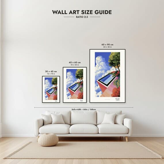Size guide: 30×45, 40×60 and 60×90 cm to scale above a sofa