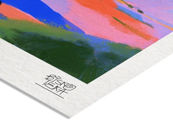 Close-up of the printed signature on the fine-art giclée paper of the Pastel Rural Journey print