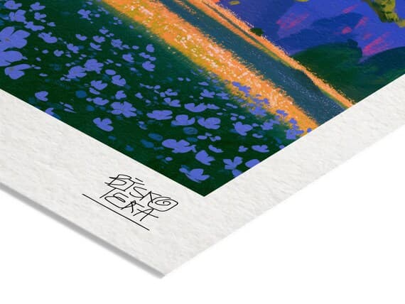 Close-up of the printed signature on the fine-art giclée paper of the Alpine Pine Serenity print