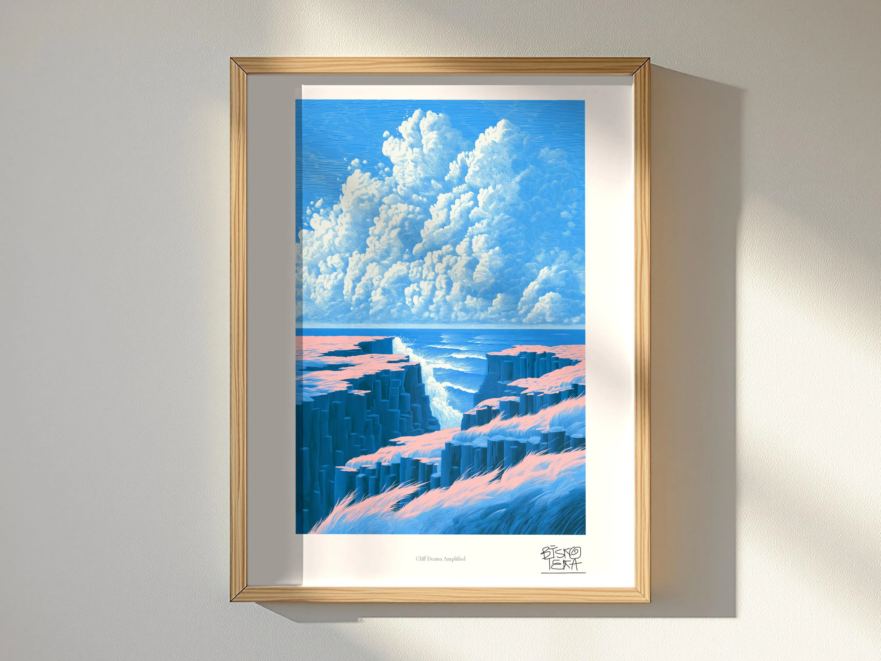 Cliff Drama Amplified art print, framed, shown in a styled room