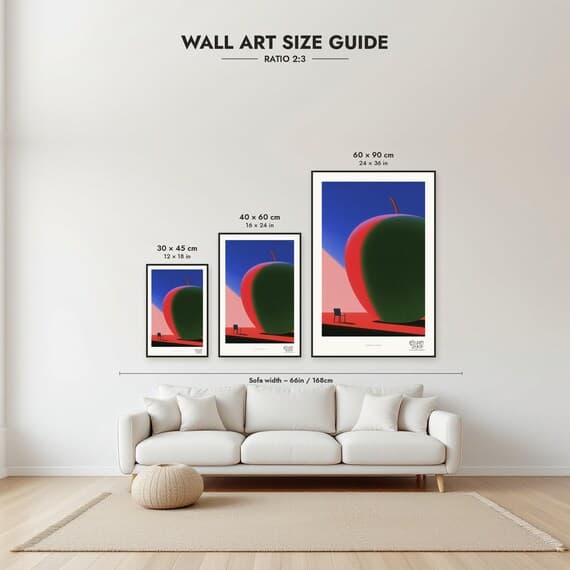 Size guide: 30×45, 40×60 and 60×90 cm to scale above a sofa