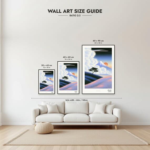 Size guide: 30×45, 40×60 and 60×90 cm to scale above a sofa