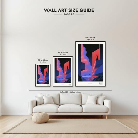 Size guide: 30×45, 40×60 and 60×90 cm to scale above a sofa