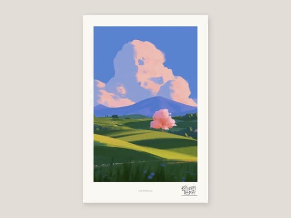 Full view of the Pink Hill Blossom print with its white gallery margin