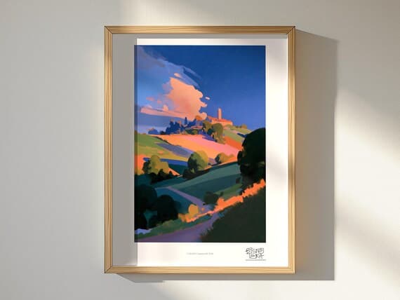 Colorful Countryside Path art print, framed, shown in a styled room