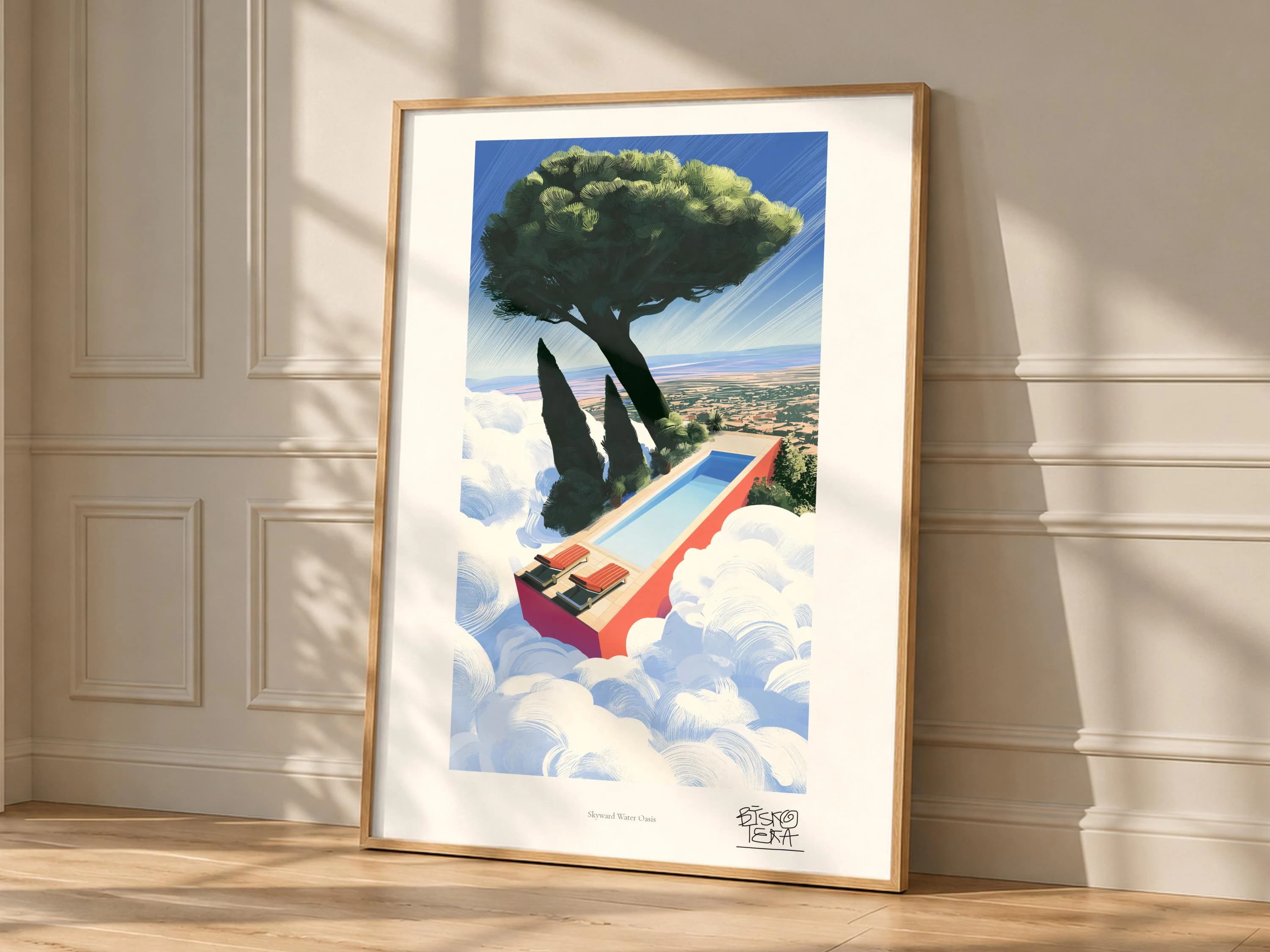 Skyward Water Oasis art print, framed, shown in a styled room